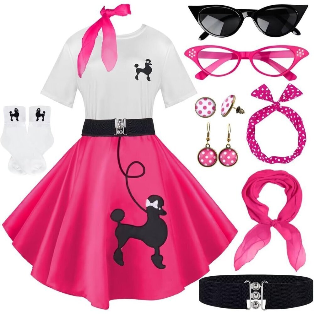 Women 10Pcs 1950s Poodle Skirt Outfit Set Retro Sock Hop Vintage Style
